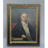 19th century English school half length portrait of John Simpson of Bradley seated by a table his