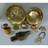 A quantity of copper and brassware including pair of chargers, bellows, ashtray, etc