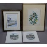 Still life of spring flowers, pair of etchings, Continental cathedral city and another of roof tops,