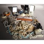 A quantity of costume jewellery including, bead pearl bracelets, necklaces, beads, rings,