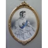 A Victorian coloured engraving - portrait half length of a young lady with ornate dress and blue