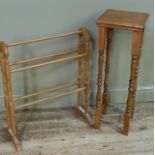 A reproduction beech towel rail, together with a reproduction pine jardinière stand with square