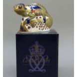 A Royal Crown Derby paperweight, chameleon, with gold stopper, boxed, 9.5cm high