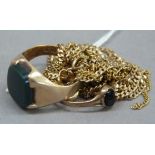 A gentleman bloodstone set signet ring in 9ct gold, together with two curb link chains both in 9ct