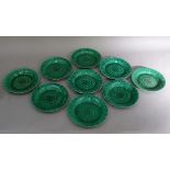 Nine Wedgwood green glaze leaf moulded dessert plates