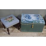 An upholstered ottoman with gros point worked rectangular top, 70cm wide; together with a
