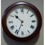 A late Victorian/Edwardian school clock, white enamel dial with black Roman numerals, mahogany
