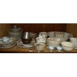 Mixed tea and dinner ware including a large toilet bowl and four jelly moulds, some gilt metal