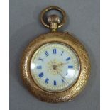 A lady's late 19th century fob watch in 14ct rose gold and enamel case with Swiss keyless cylinder