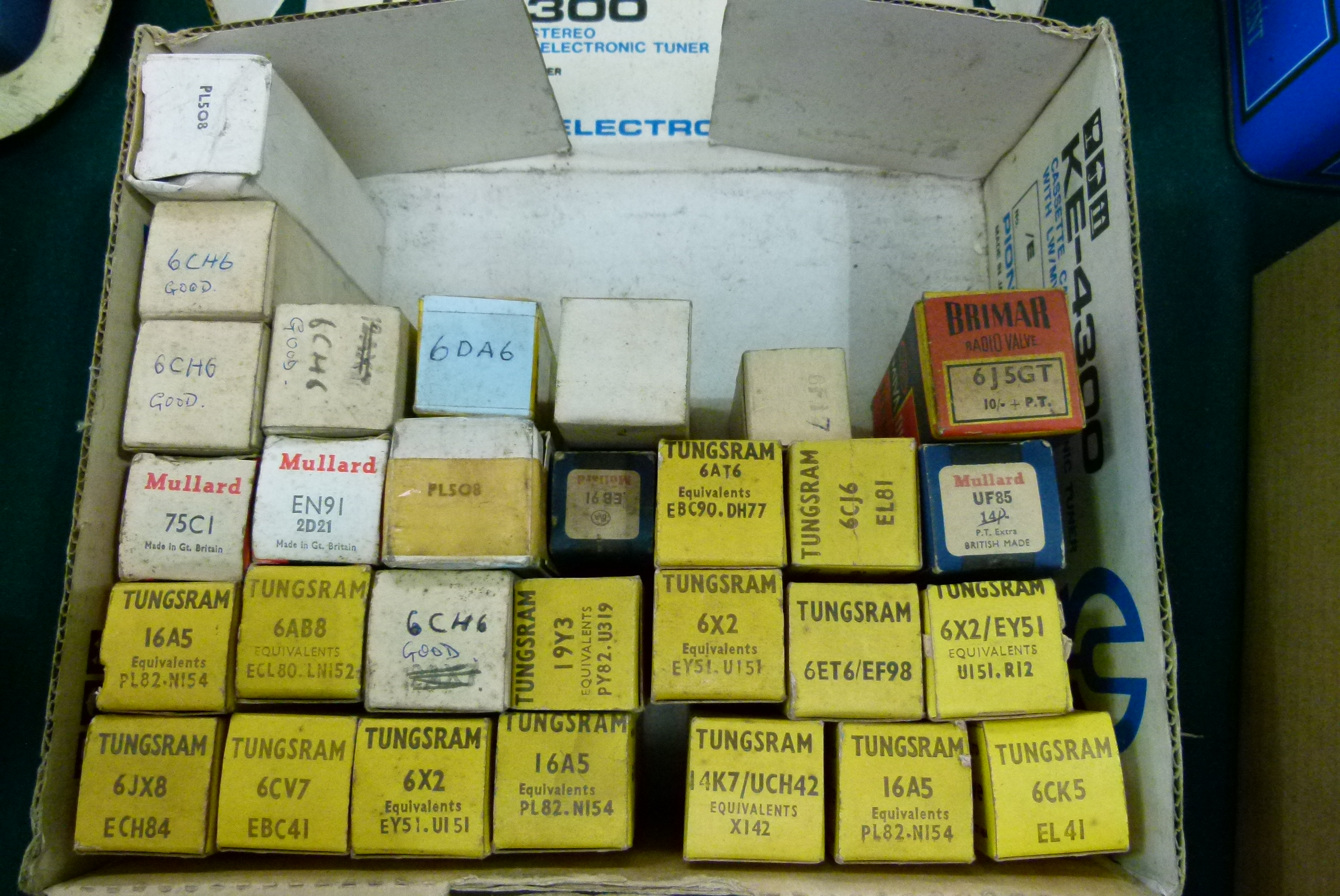 A box of vintage radio and other valves including thirteen Tungsran, six AB8, six CV7, six X2 and