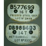 Railway - two cast iron plates, one numbered and inscribed B577699 16T, pressed steel 1957, Lot 2922