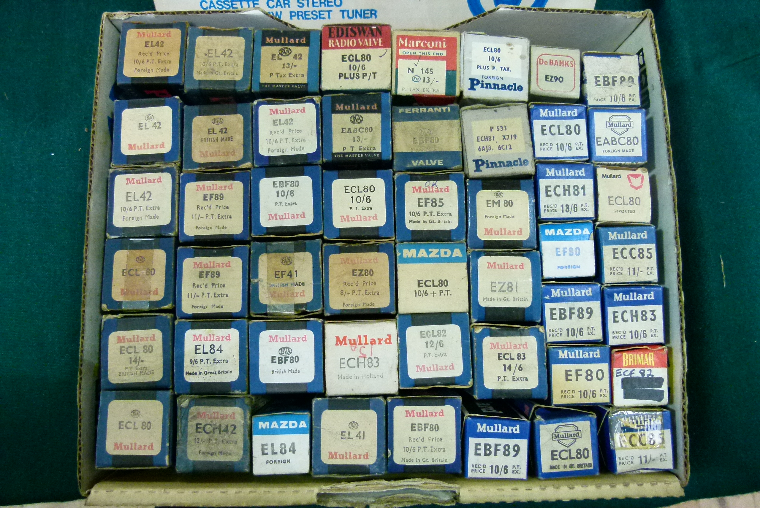 A box of fifty vintage radio and other valves, various makes including Mullard, Ediswan, Marconi,