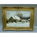 J Murray - Snow covered cottage and barn with figure, oil on canvas, signed to lower left, dated