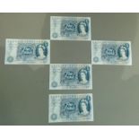 Bank of England 5 x five pound notes J.S Fforde consecutively numbered A.UNC