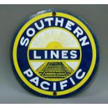 A circular enamel sign: Southern Pacific Lines, 22cm diameter
