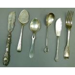 Six items of silver cutlery including three preserve spoons, two knives and fiddle pattern fork,