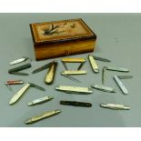A collection of pen and fruit knives, including horn, ivory, faux tortoiseshell, ivorine, mother