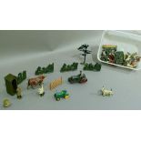 Various Britains painted lead farm items including, tree, shrubbery, pigs trough, sheep, chickens