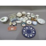 Wedgwood and other china trinkets, candlesticks, bowls, Leeds ware bowl and cover, photograph frame,