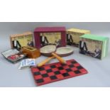 Three cut wooden Zig Zag puzzles, boxed; together with a cribbage board, playing cards, pair of
