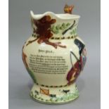 A Crown Devon Fieldings John Peel musical jug, the cream body moulded with hunting scenes, fox