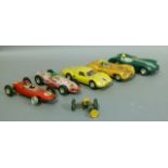 Five vintage Scalextric slot cars including, Jaguar D Type. Aston Martin, Porsche GT, Lotus and