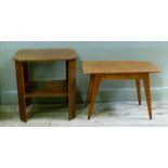 A teak occasional table with splayed legs, together with a two tier mahogany occasional table