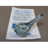 A Desaru Cargo Chinese porcelain blue and white spoon from the ship wreck of the Desaru c.1830