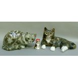 Winstanley Cats, a large grey tabby (cracked) and a dark brown tabby (repaired), signed to base