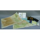 A metal cash box, three vintage roadmaps Bartholomew's maps for North Yorkshire coast, South