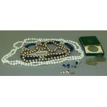 A collection of necklaces and ear studs including a Lapiz Lazuli bead and cultured pearl necklace,