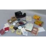 A Kodak camera US patents March 4th 1902, May 6th 1913 in leather case; a Barnett ortho screen, a