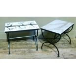 A pair of metal framed occasional tables rectangular on x-frame standards, one surface onyx style
