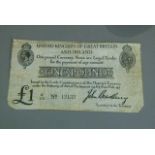 Treasury one pound note second Bradbury issue, tear at top right