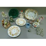 A collection of Victorian and later ceramics including Staffordshire groups, a bisque figure of a