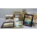 A vintage tea chest including a quantity of prints and frames and a mirror