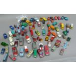 A collection of die cast vehicles including buses, Lesney matchbox greyhound buses, Volkswagon