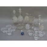 A quantity of glass ware including a pair of cut glass ewers and a pair decanters without