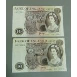 Bank of England 2 x Ten pound notes J.B Page consecutively numbered A.UNC