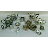 Silver plated ware including half reeded teapot and hot water jug, a pair and one other wine