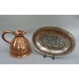 An Imperial copper measure together with a plated on copper oval dish, the well with a panel of