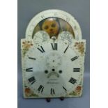 A 19th century clock face arched profile with moon phase floral spandrels, black painted Roman