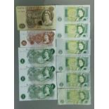 Bank of England ten pound note J.B Page, 3 x one pound notes J.S Fforde consecutively numbered A.