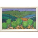 20TH CENTURY SCHOOL, Landscape depicting rolling hills and trees to foreground, oil on board,