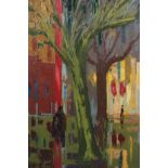 ARR DRUIE BOWETT (1924 -1998), Arles 61, Street scene with trees and figures, oil on board, signed