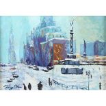 MID 20TH CENTURY AMERICAN SCHOOL, New York City under snow, oil on board, indistinctly signed (