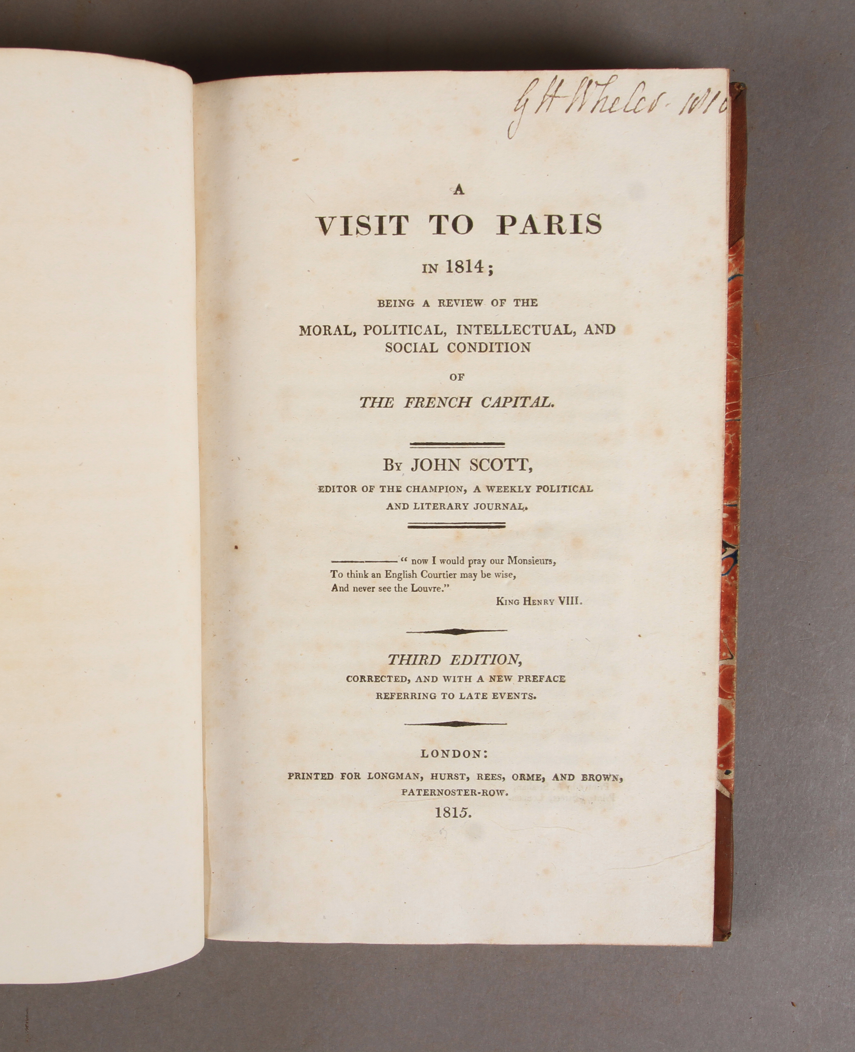 Scott, John, A Visit to Paris in 1814. London, Longman, 1815. Third edition, 8vo, 19thC half calf,