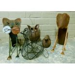 Five garden metal and wire novelty animals