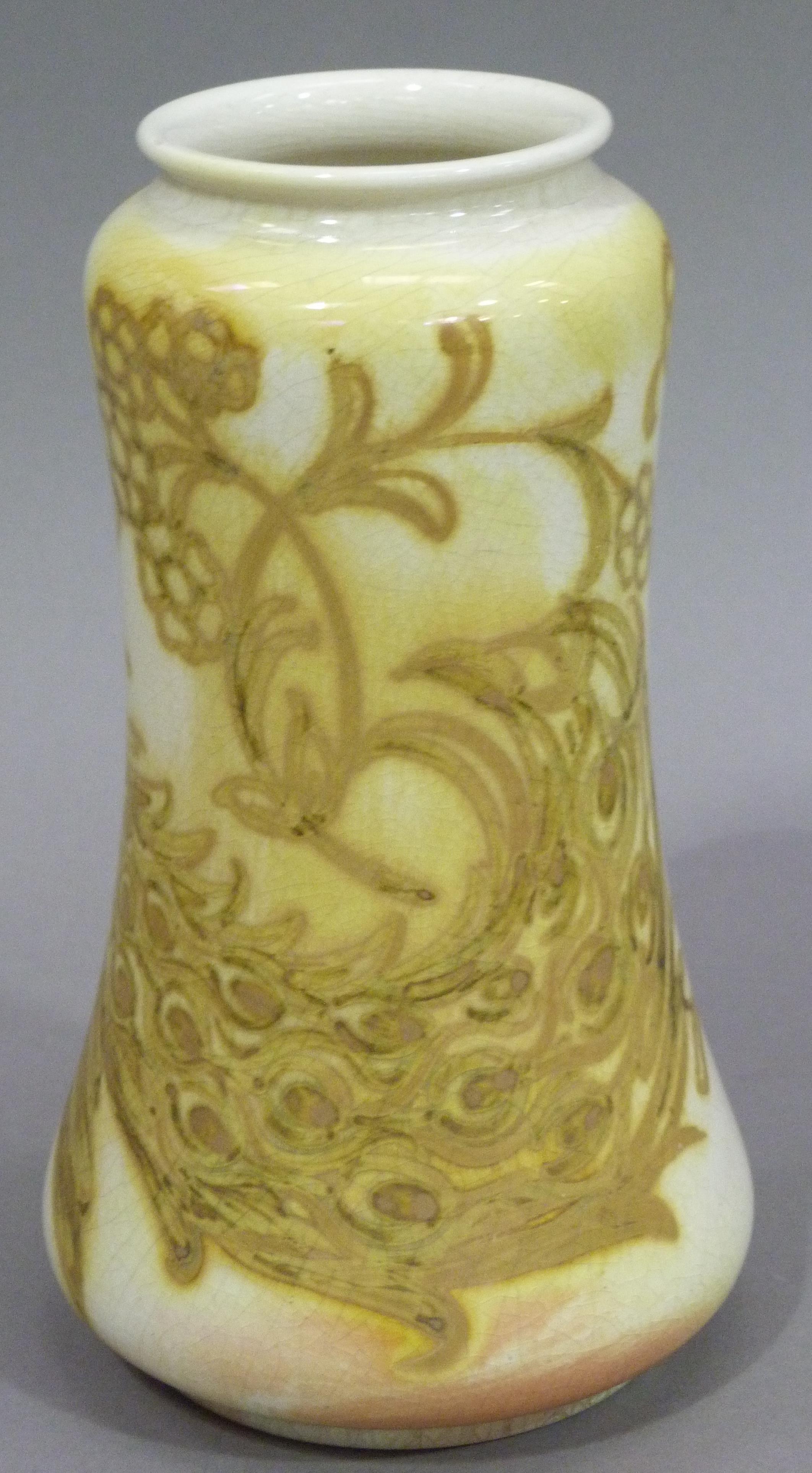 A Burmantofts vase, the pale body painted in yellow and gilt lustre with a peacock, impressed mark - Image 2 of 4