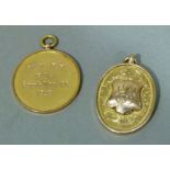 Two 9ct gold sports medal c.1920 for Durham City W.M club and W.H.C.C 1st Div South Moor CC, total